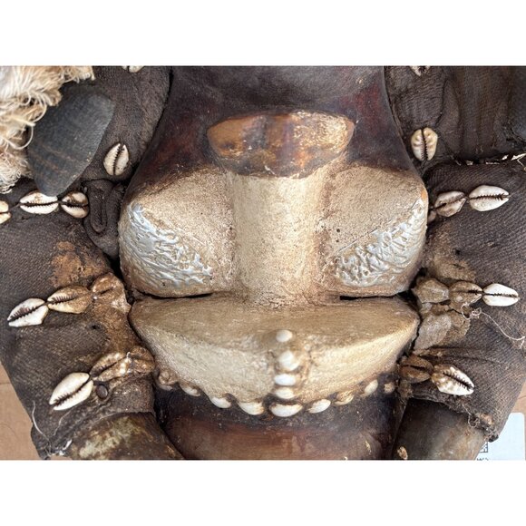 African Tribal Mask With Cowrie Shells Handcrafted Wooden Wall Decor - Picture 12 of 16